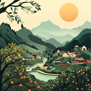山间村落夕阳下田园美景