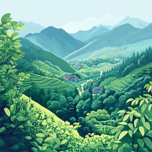 山间绿野中的宁静村落
