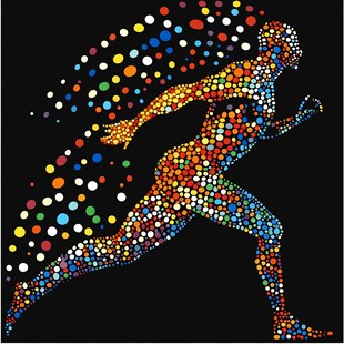 彩色圆点构成的奔跑者形象