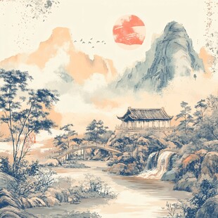 中式山水间的诗意亭桥图景