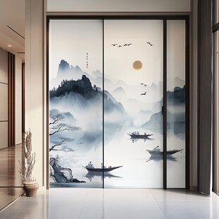 中式山水意境玻璃门装饰画