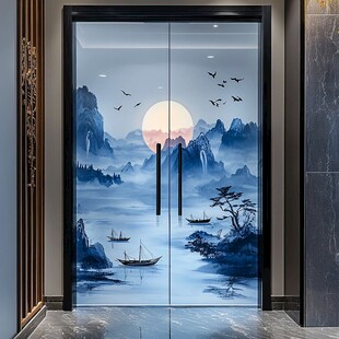 中式山水意境双开玻璃门