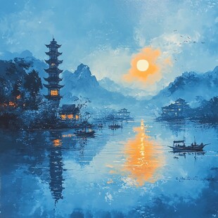 蓝调山水间的落日古塔景