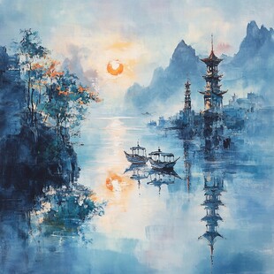 水墨山水间的古韵江景