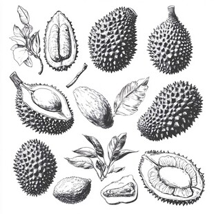 手绘榴莲形态与细节展示