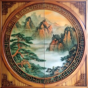 中式圆形山水木雕屏风画