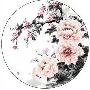 圆形水墨牡丹花卉图