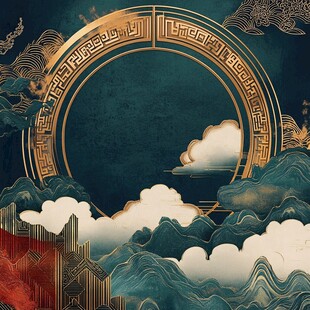 中式古风山水环形边框背景
