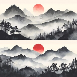 水墨山水间的红日盛景