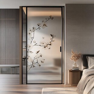 中式花鸟玻璃隔断卧室门