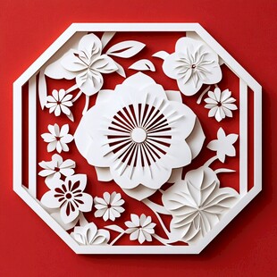 立体剪纸花卉八角装饰图案