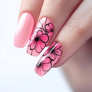 粉色花朵美甲特写