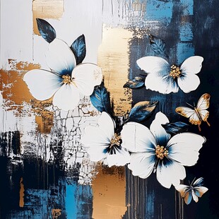 蓝白花卉抽象艺术画作