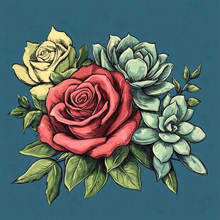 玫瑰与多肉的插画组合