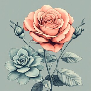 粉色玫瑰与多肉植物插画