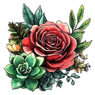 红玫瑰与多肉植物插画