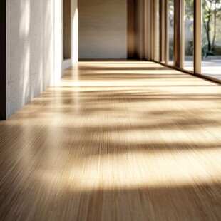 阳光洒落的木质走廊空间