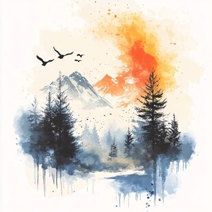 水墨山林飞鸟写意风光