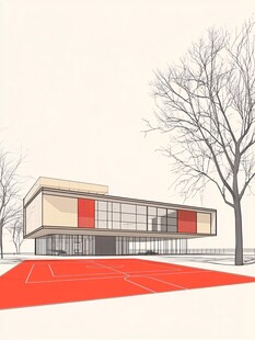 现代风格建筑与红色场地