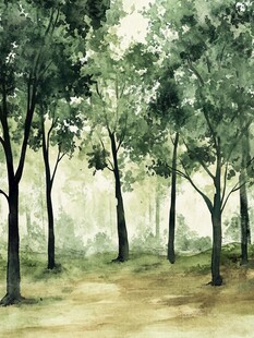 水彩绘就的静谧森林景象