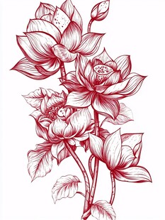 红线条勾勒的优雅荷花图