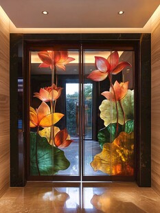 中式莲花玻璃双开门