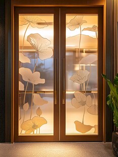 中式荷花图案玻璃双开门