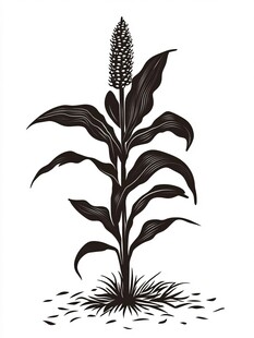 手绘黑白色的玉米植株图