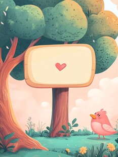 树下小鸟与爱心标牌插画