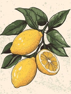 手绘柠檬枝叶插画