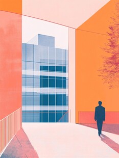 男子漫步于橙墙高楼间