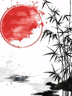 水墨红月映修竹