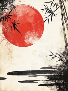 红日翠竹水墨山水意境图