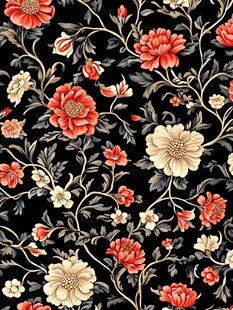 中式繁花黑底复古花纹图案