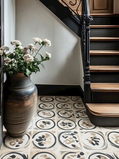 复古楼梯旁的花瓶与花砖