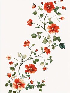 手绘红花绿叶藤蔓装饰画