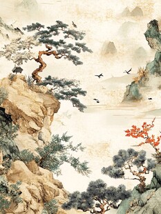 水墨山水间的松鹤美景