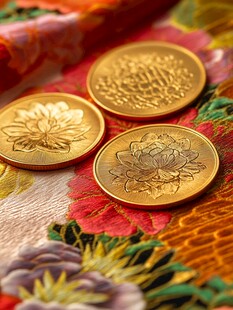 金质硬币置于多彩织物上
