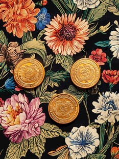 花卉背景上的三枚金色硬币