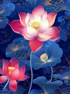 梦幻蓝底绽放艳丽荷花