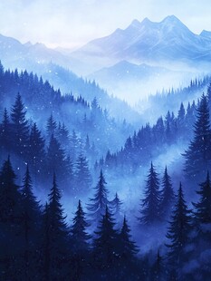 梦幻蓝调山林雪景图