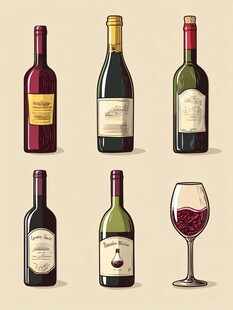 多样葡萄酒瓶与酒杯插画