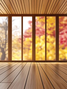 木质房间外的秋日美景