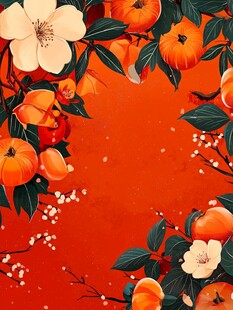 红底上的花卉与饱满柿子