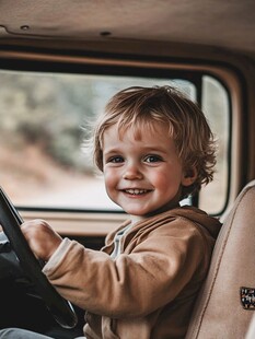 可爱萌娃坐驾驶位开心笑