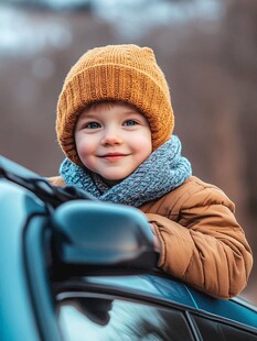 冬日里探身车外的可爱孩童