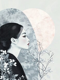 古典侧颜女子与花卉景致