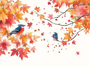 秋景中双鸟栖于枫叶间