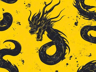 黄色背景上的黑龙图案