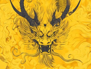 金色威严龙首古风插画